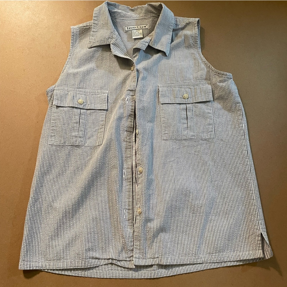 Vintage Izod Club Blue Striped Button Down Sleeveless Collared Shirt